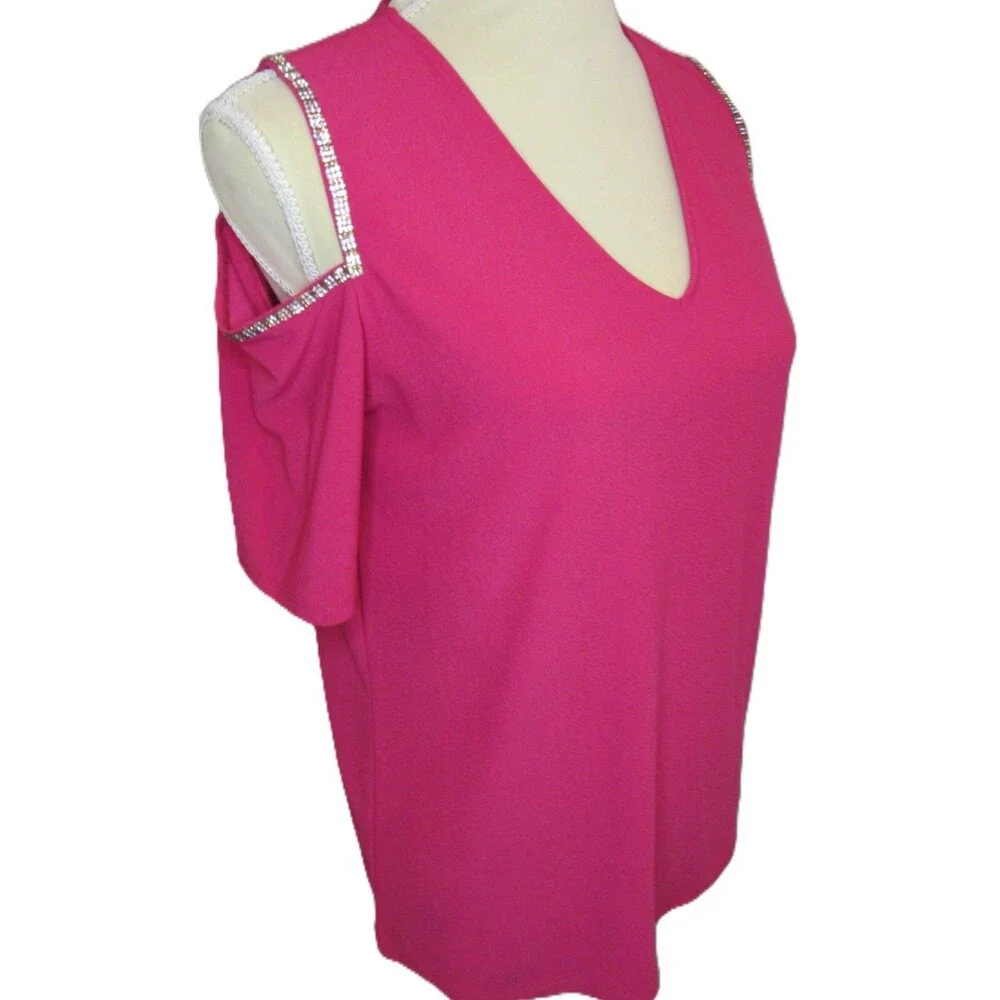 Cold Shoulder Top Glam Blouse Womens M Hot Magenta Pink Stretch Rhinestones NWT